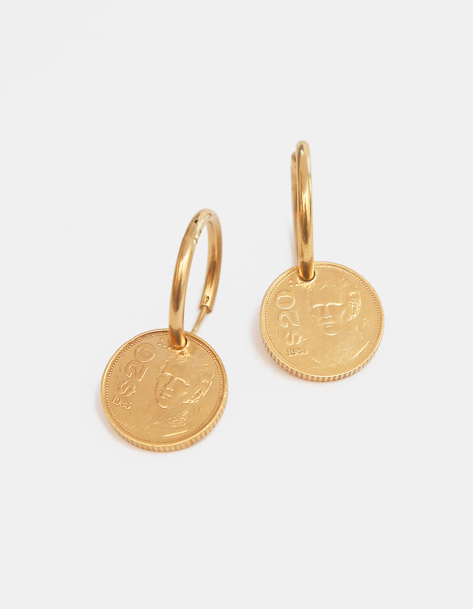 Arracadas con moneda auténtica baño oro 22kt Memorias