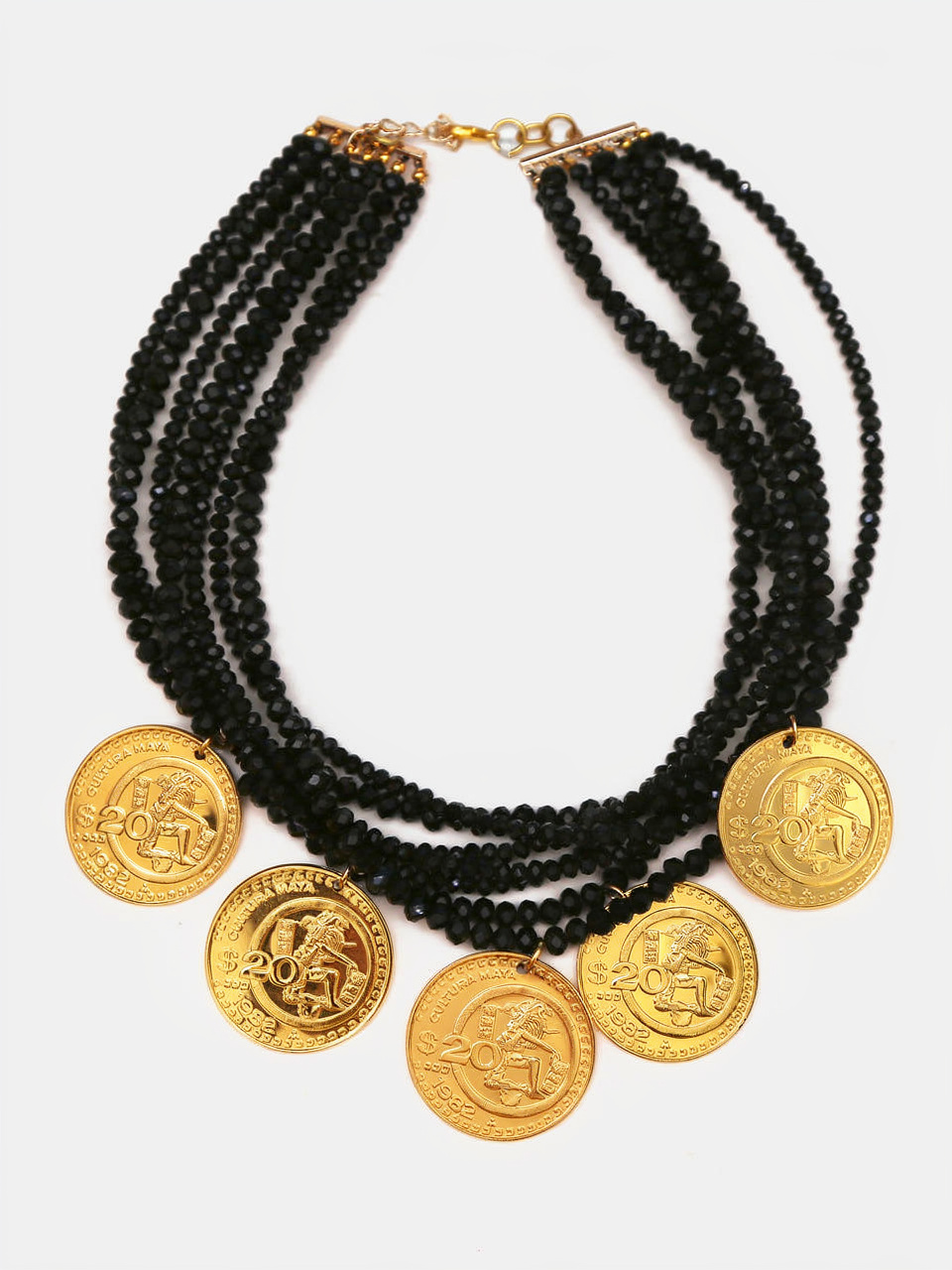 Collar de 7 hilos con cristal austriaco y 5 monedas vintage en baño de oro de 22kt Memorias