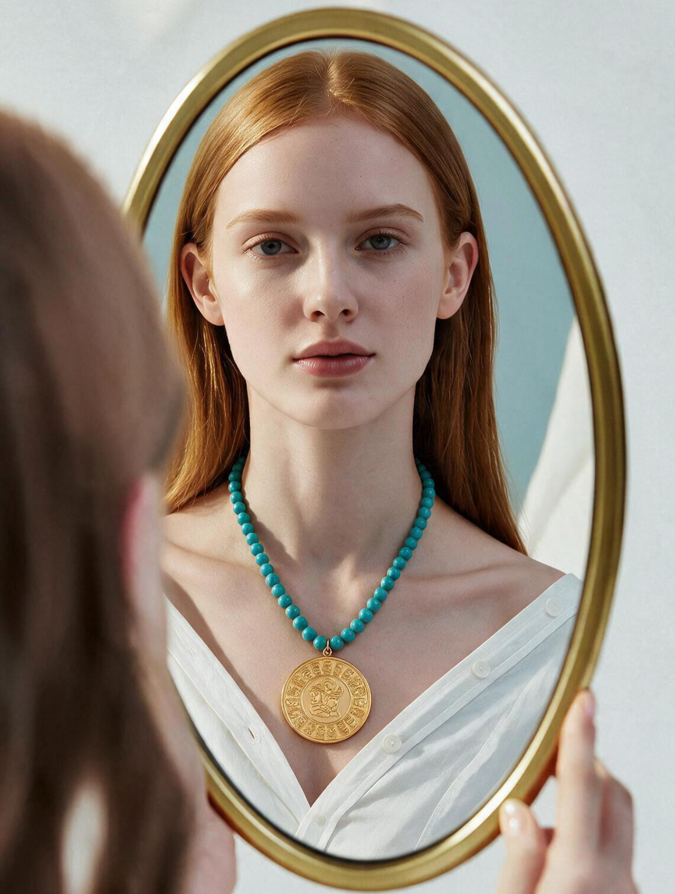 Collar de cuentas turquesa con medalla de bronce en baño de oro 22k con motivo maya Códice