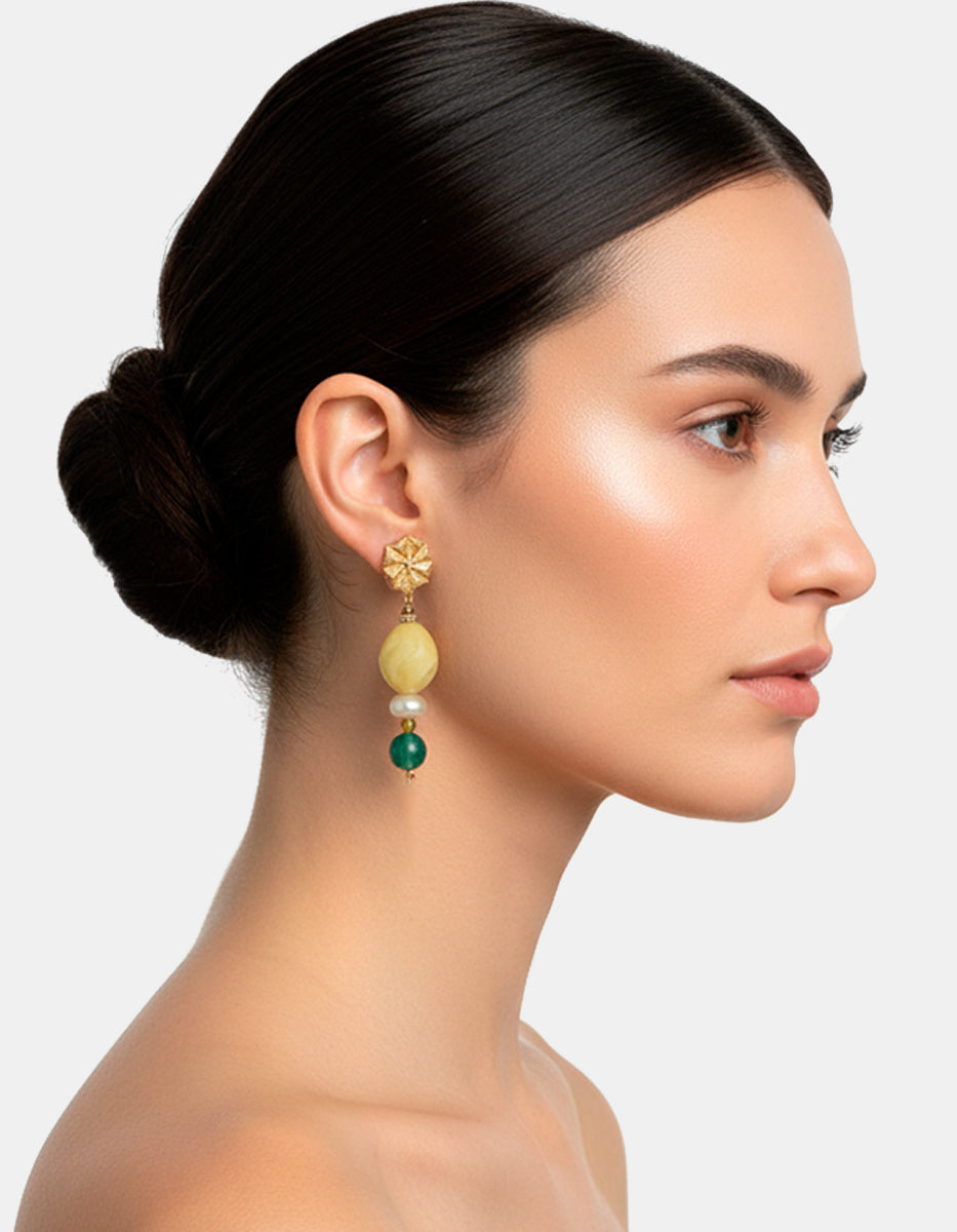 Aretes de Bronce con Baño de Oro 22kt y Gemas Espinolitas, Ágata Amarilla, Cuarzo Rosa y Malaquita By Daniel