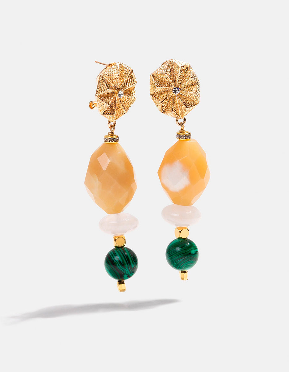 Aretes de Bronce con Baño de Oro 22kt y Gemas Espinolitas, Ágata Amarilla, Cuarzo Rosa y Malaquita By Daniel