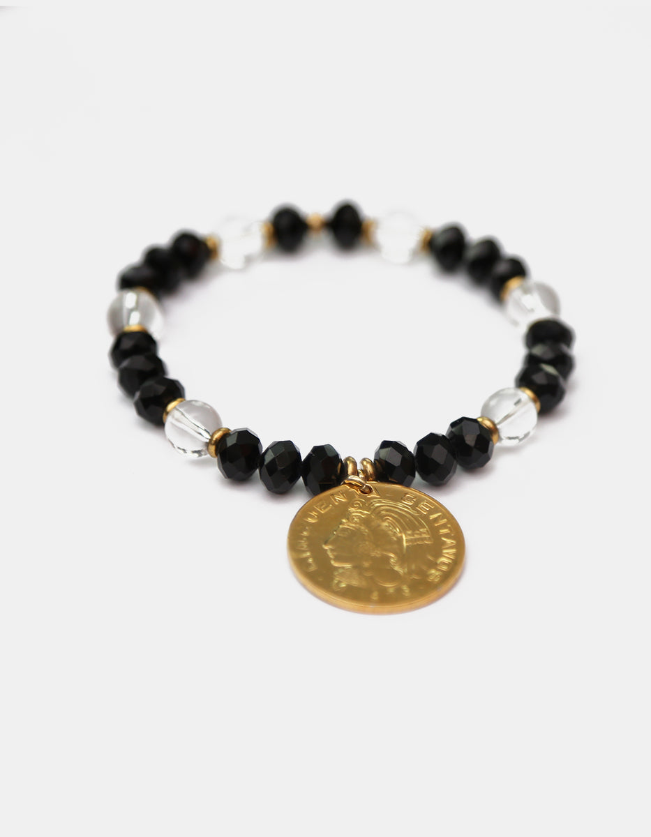 Pulsera de bronce en baño de oro 22 kt con cristales y dije de moneda