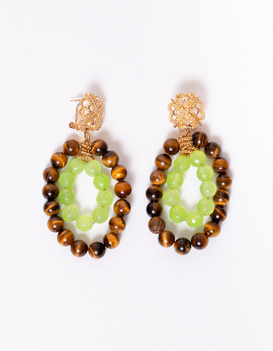 Aretes de Bronce con Baño de Oro 22kt y Cuentas Ojo de Tigre By Daniel