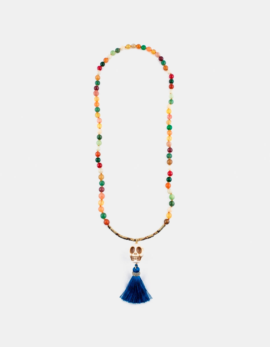 Collar de bronce en baño de Oro de 22kt con cuentas Multicolor con Calavera Central y Borlón Azul
