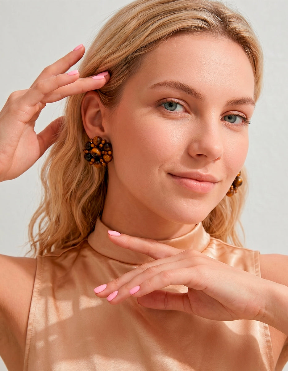 Aretes en Clúster de Ojo de Tigre y Ámbar