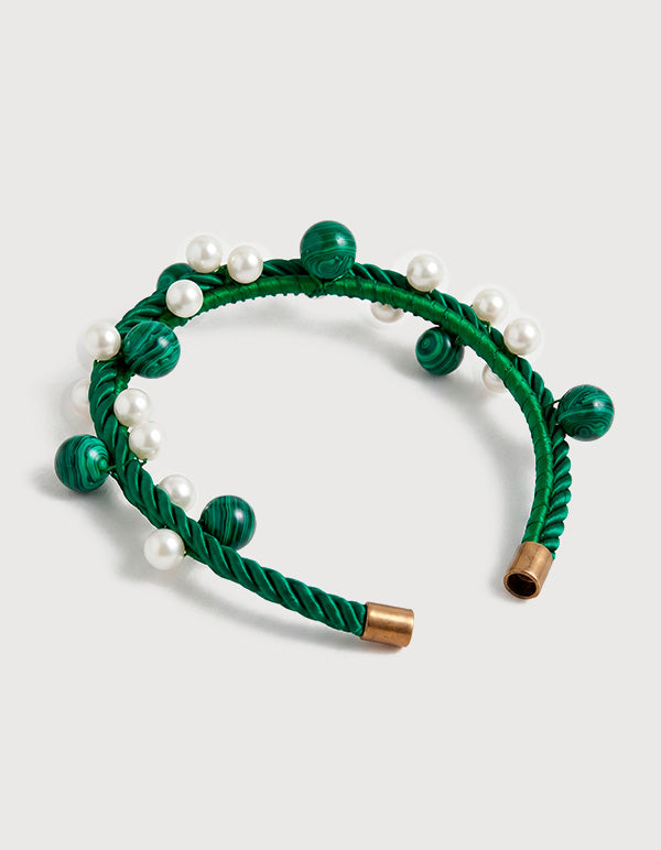 Diadema de Bronce con Baño Oro 22K, Perla Mabe y Malaquita