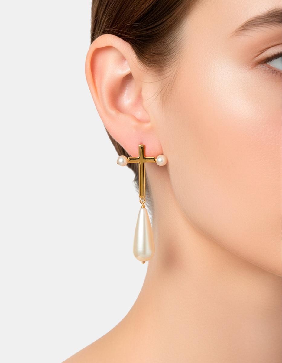 Aretes en Forma de Cruz de Bronce con Baño de Oro 22kt By Daniel