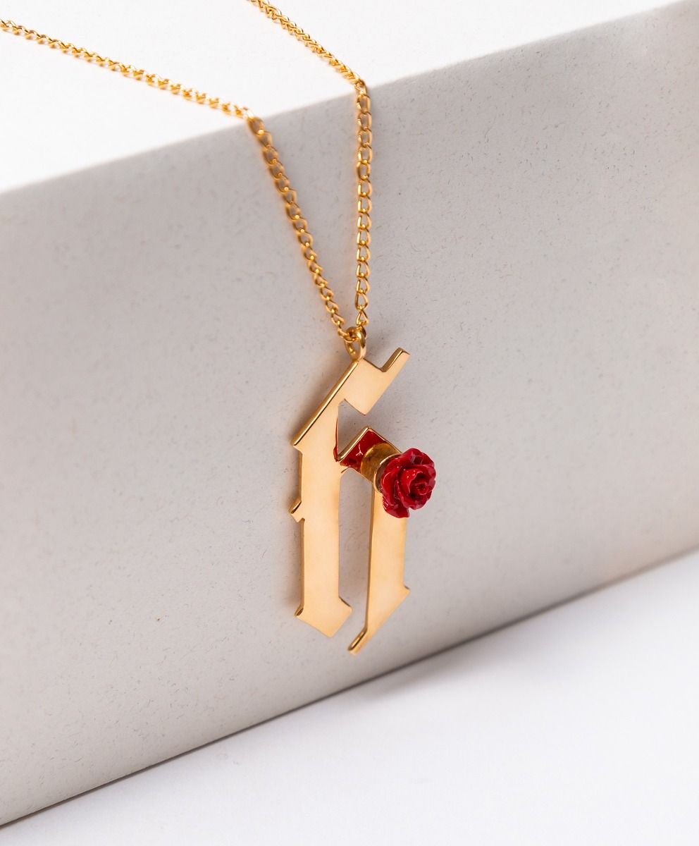 Collar en Bronce con Baño de Oro 22 kt Letra "H" y Rosa de Baquelita Roja Rock & Glam