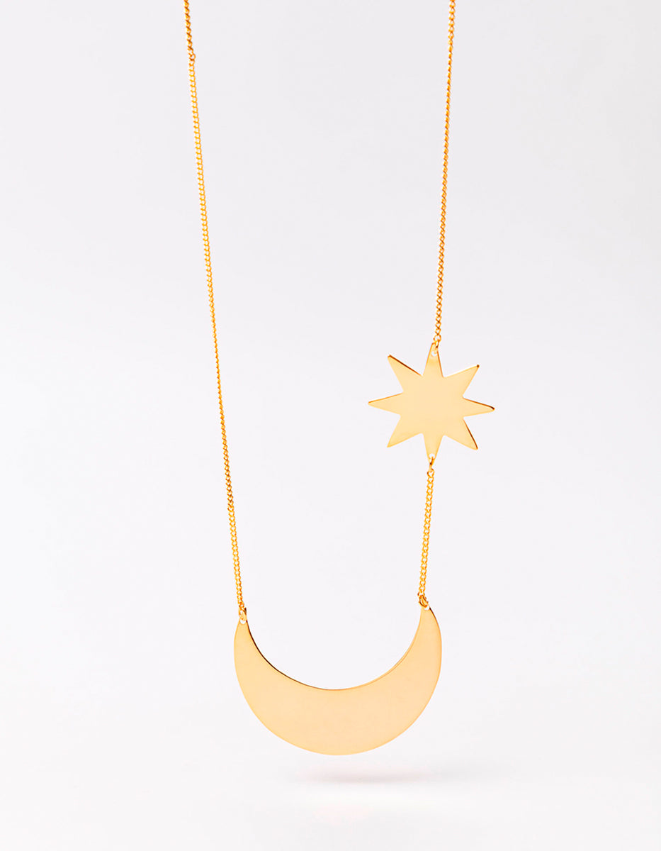 ⚡Ei Collar en Bronce con Baño de Oro 22 kt con Dije de Media Luna y Estrella de 8 Picos Fly Me to the Moon