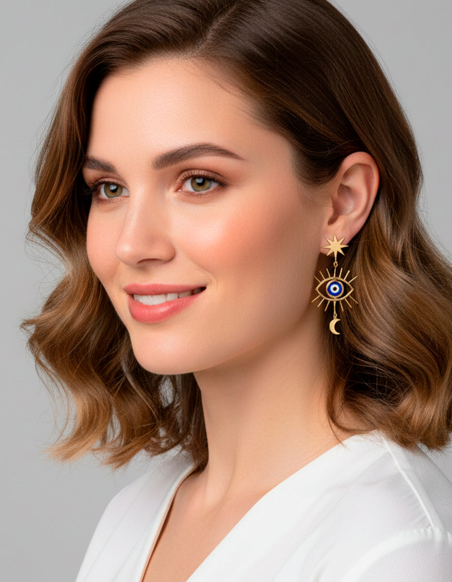 Aretes forma de ojo turco con luna & sol Visiones