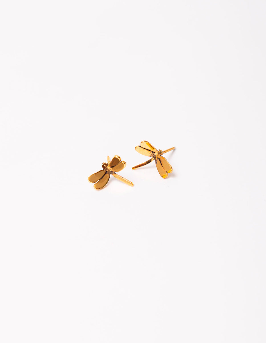 Arete de bronce con baño de oro 22 kt en forma de libélula mini Paradiso