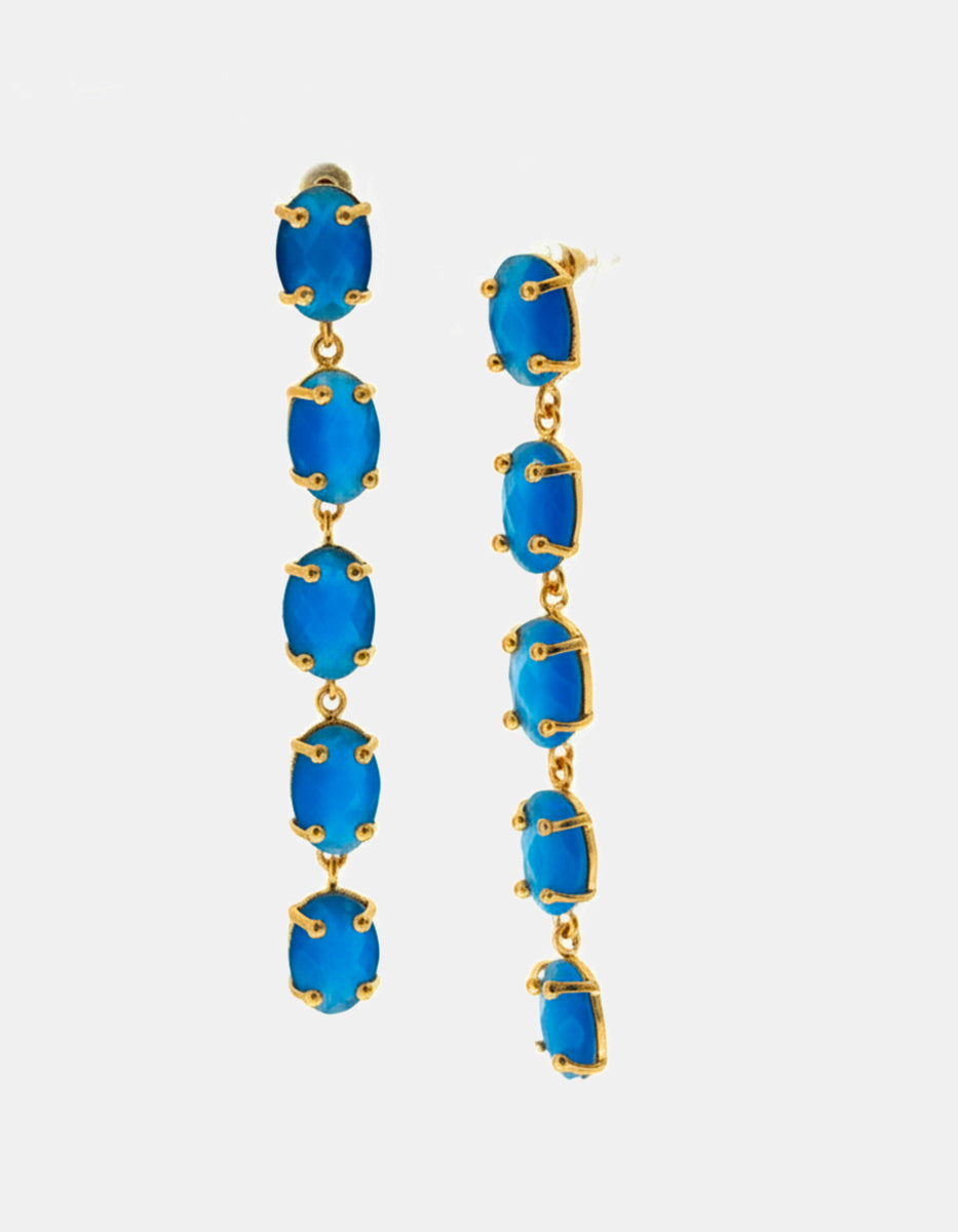 Aretes de Bronce con Baño de Oro Amarillo y 5 Piedras Ojo de Gato Azul By Daniel
