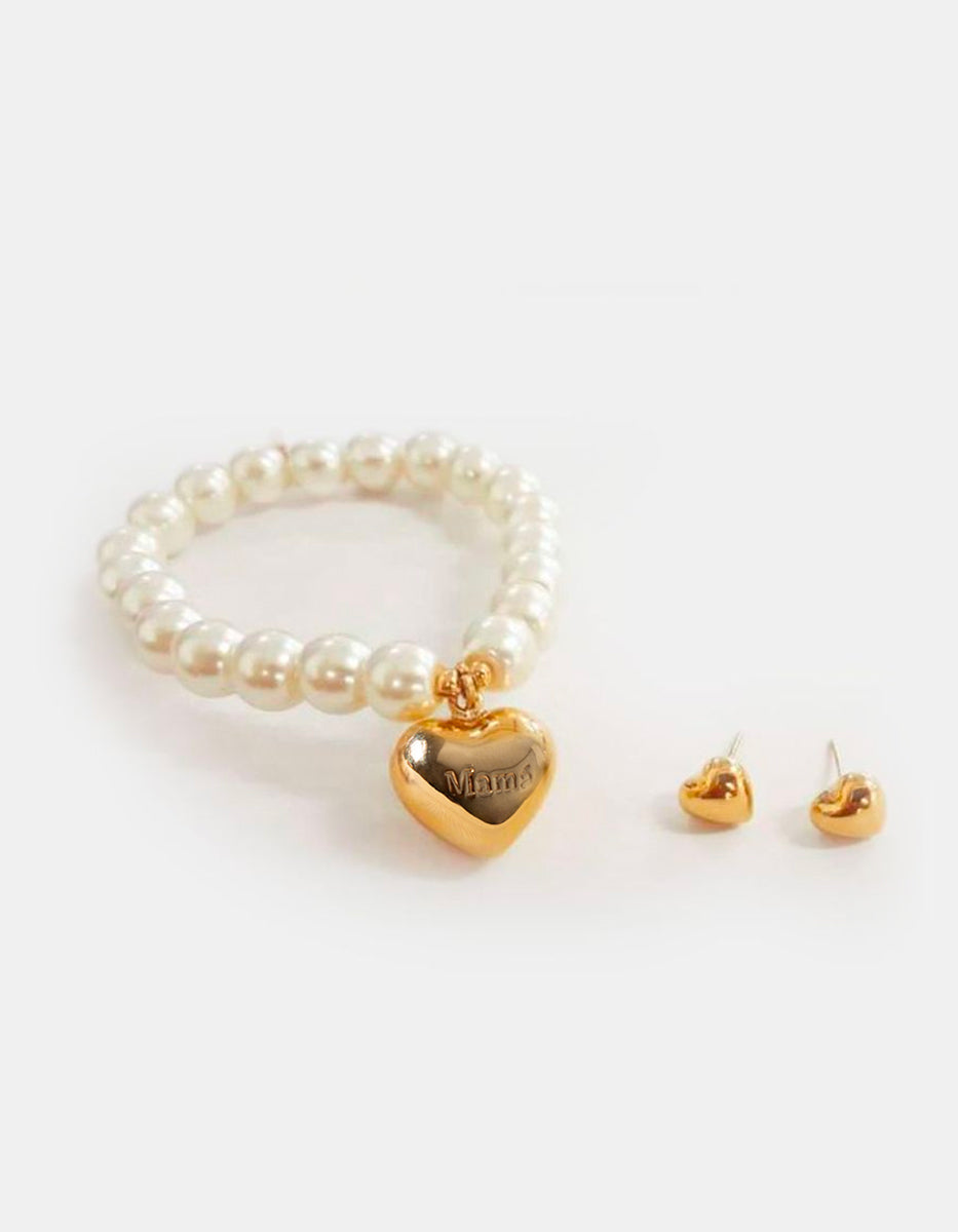 Set de Pulsera de perlas mabe con corazón y broqueles con corazón