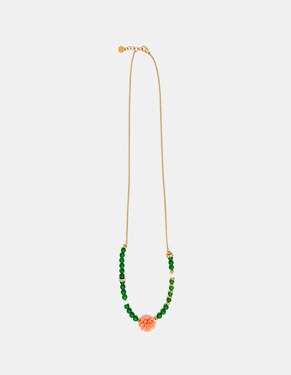 Collar de Bronce con Baño Oro 22K, Jade, Perla Mabe y Baquelita Coral