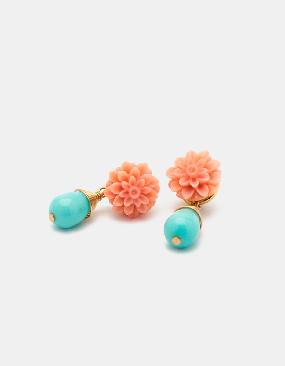 Arete en Bronce con Baño de Oro 22 kt, Jade y Baquelita Coral Engarzada L.I.F.E