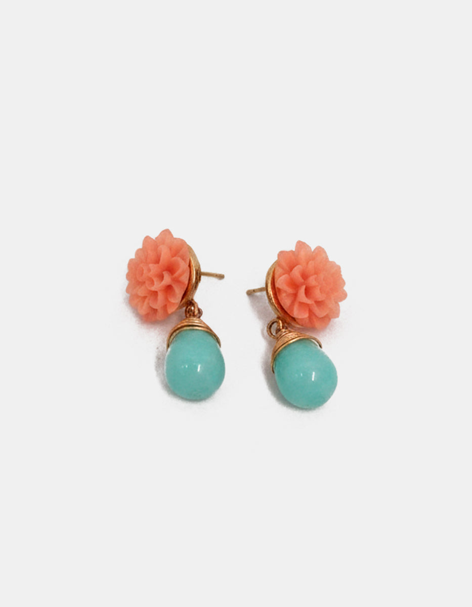 Arete en Bronce con Baño de Oro 22 kt, Jade y Baquelita Coral Engarzada L.I.F.E