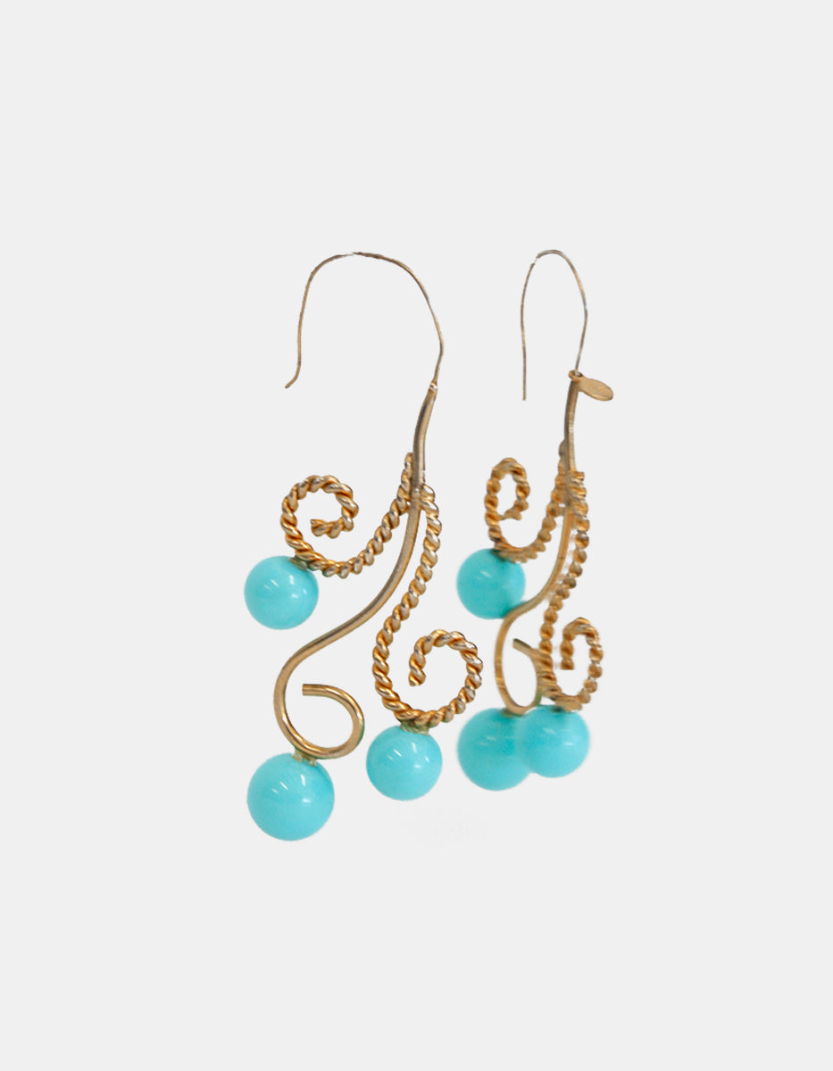 Aretes en Oro Laminado 22 kt con 3 Gemas Turquesa Circulares La Choca