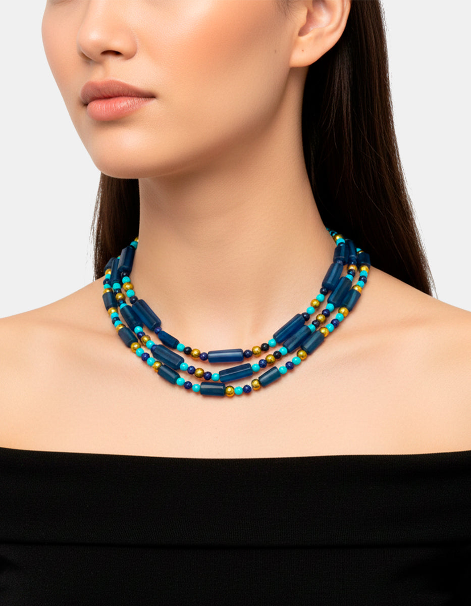 Collar en Bronce con Baño de Oro 22kt y Gema Turquesa Azul La Choca