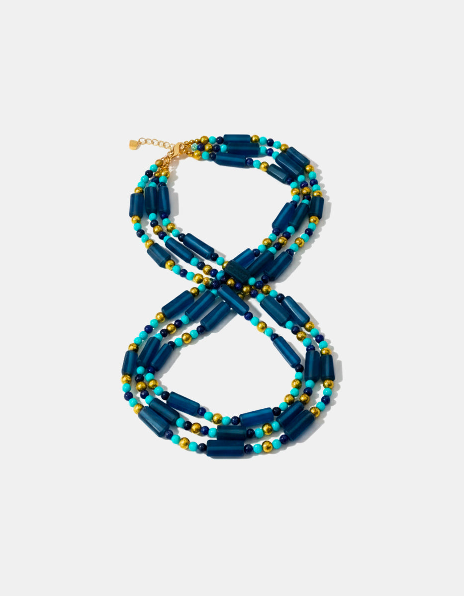 Collar en Bronce con Baño de Oro 22kt y Gema Turquesa Azul La Choca