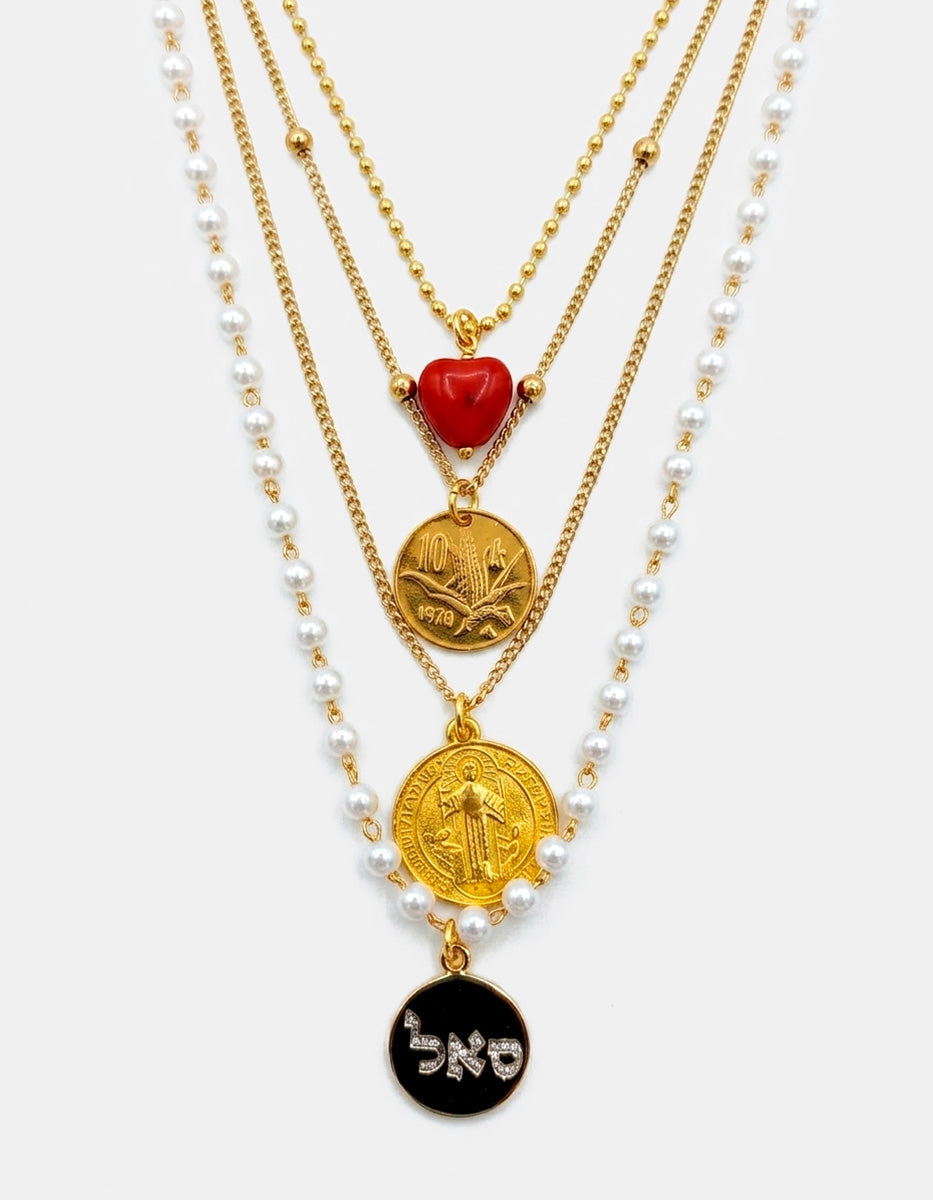 Collar monedas auténticas con dije de corazón y perlas Mabe Memorias