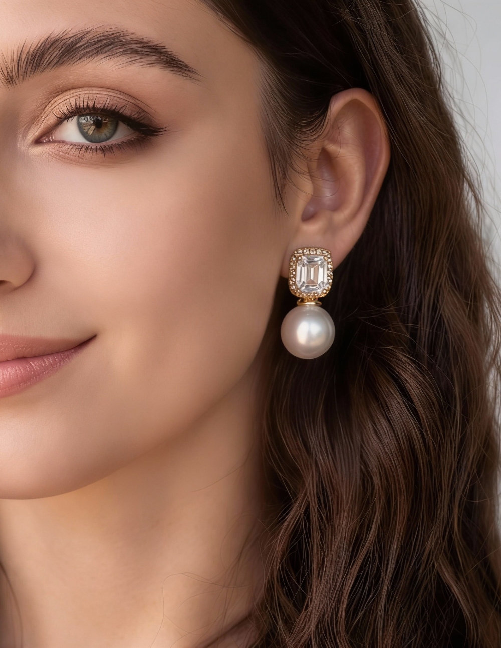 Aretes topacio rectangular con perla Mabe y topacios blancos Festive Style