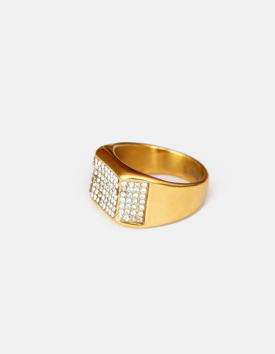 Anillo de acero en baño oro 22 kt con espinolitas cuadradas y laterales Talla 10.5 Nordic