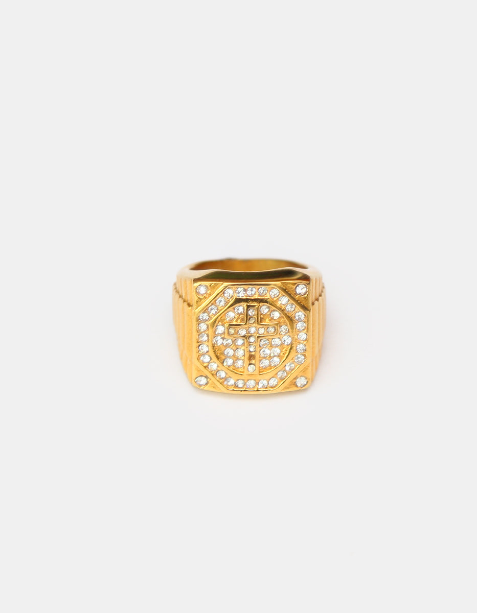 Anillo de acero en baño oro 22 kt con cruz y espinolitas Nordic