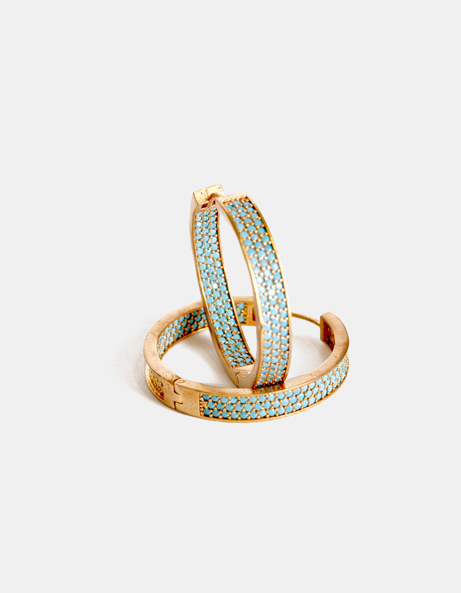 Arracadas Grandes en Bronce con Baño de Oro 22 kt y Piedra Espinolita Azul Turquesa Flashy Moments