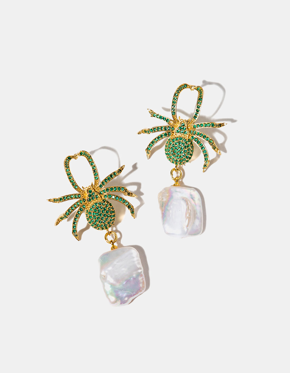 ⚡Ei Aretes en bronce con baño de oro 22 kt, piedra Espinolita verde jade y perla barroca Flashy Moments
