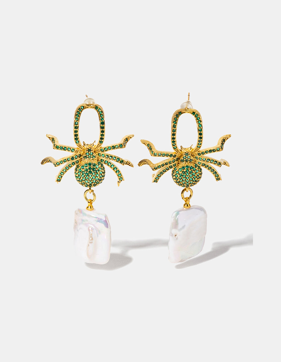 ⚡Ei Aretes en bronce con baño de oro 22 kt, piedra Espinolita verde jade y perla barroca Flashy Moments