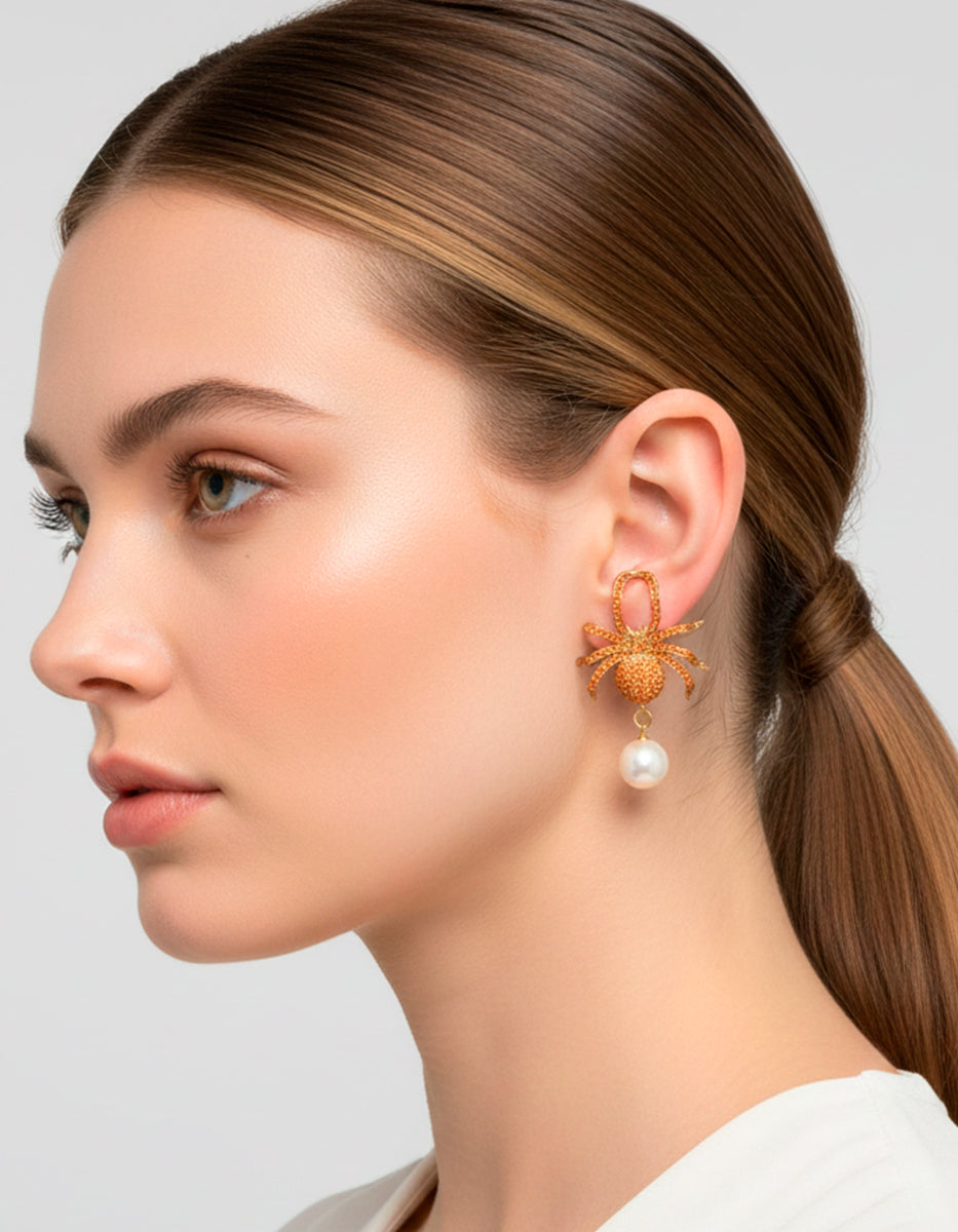 ⚡Ei Aretes en Bronce con Baño de Oro 22 kt, Espinolita Carnelia y Perla Barroca Flashy Moments