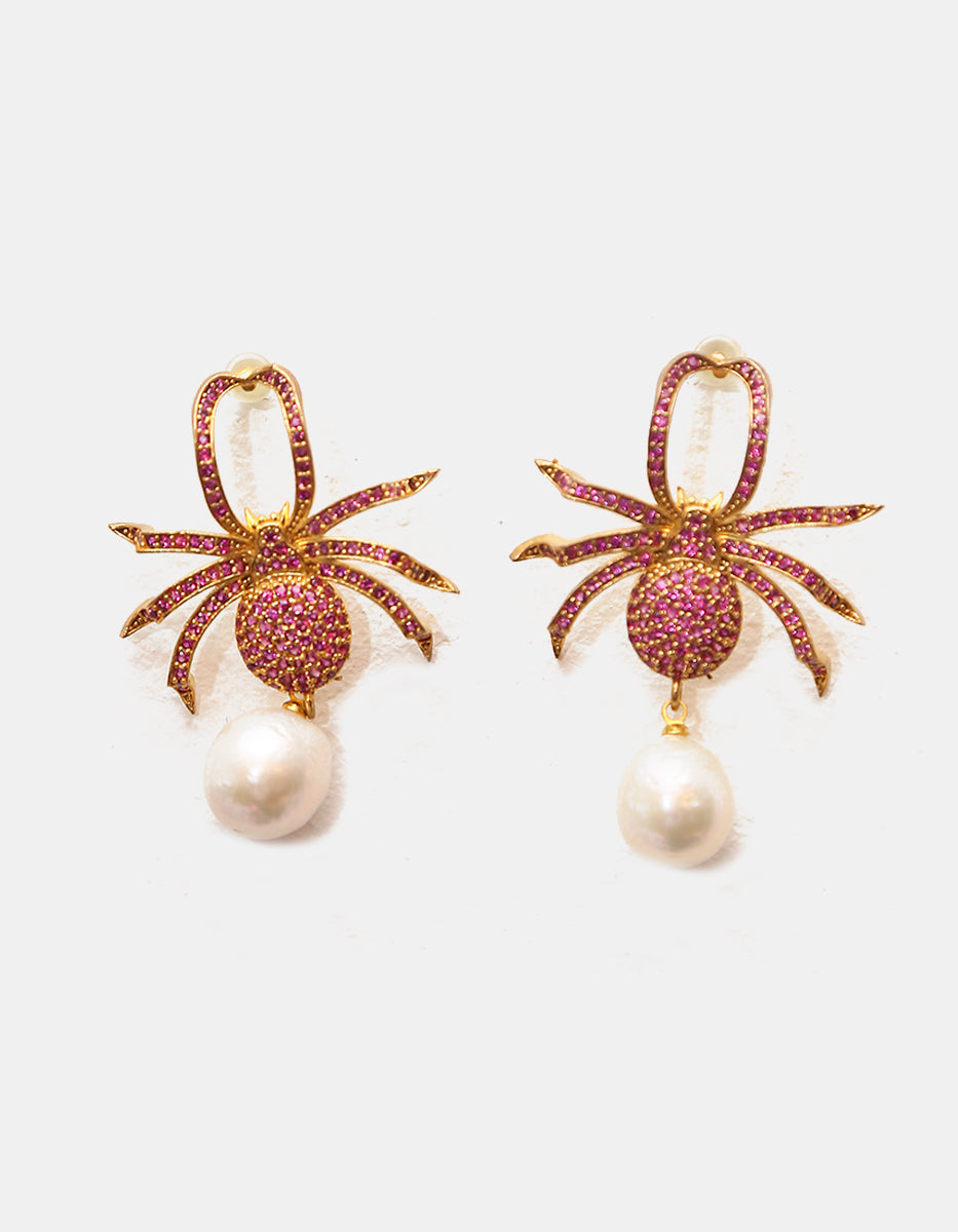 ⚡Ei Aretes en Bronce con Baño de Oro 22 kt, Espinolita Fucsia y Perla Barroca Flashy Moments