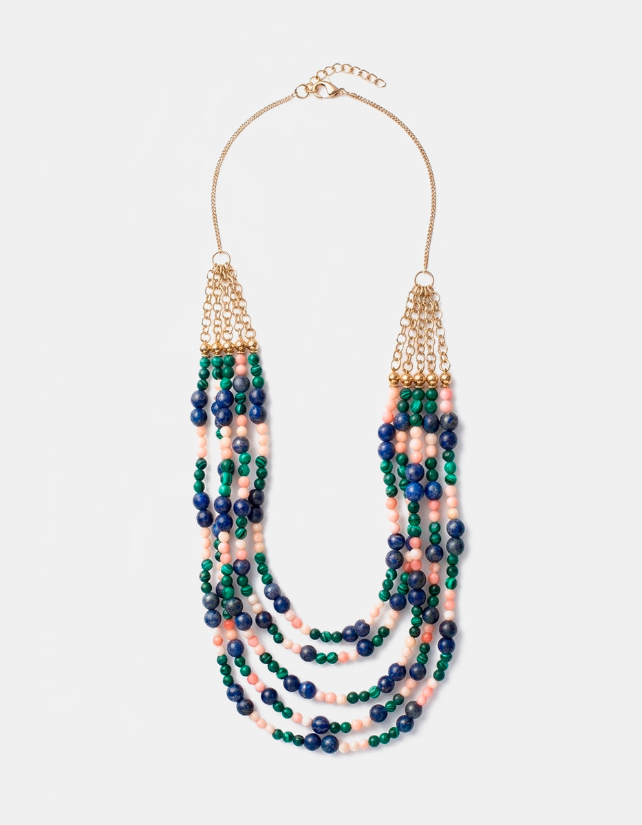 Collar vermeil de 22kt con hilos en cascada de lapislázuli, malaquita y coral rosa