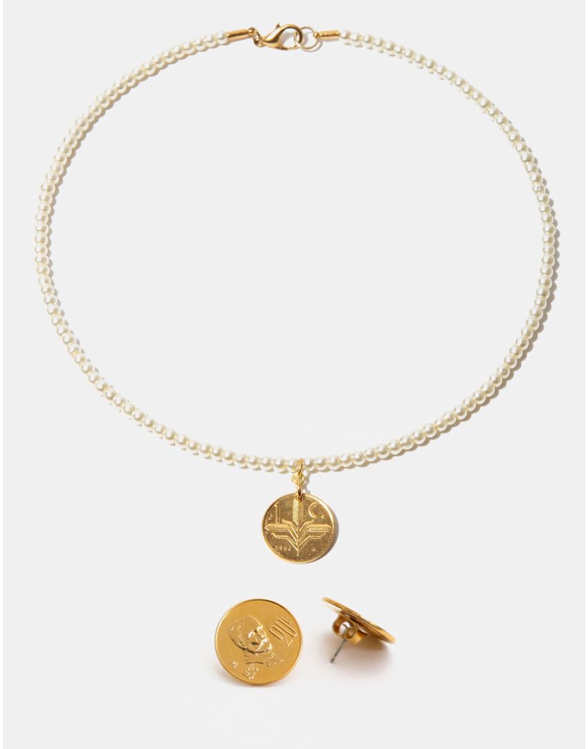Set de Collar de perlas mabe con moneda y aretes con monedas