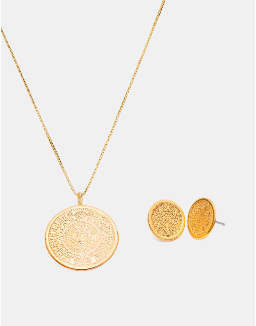 Collar y aretes con moneda azteca