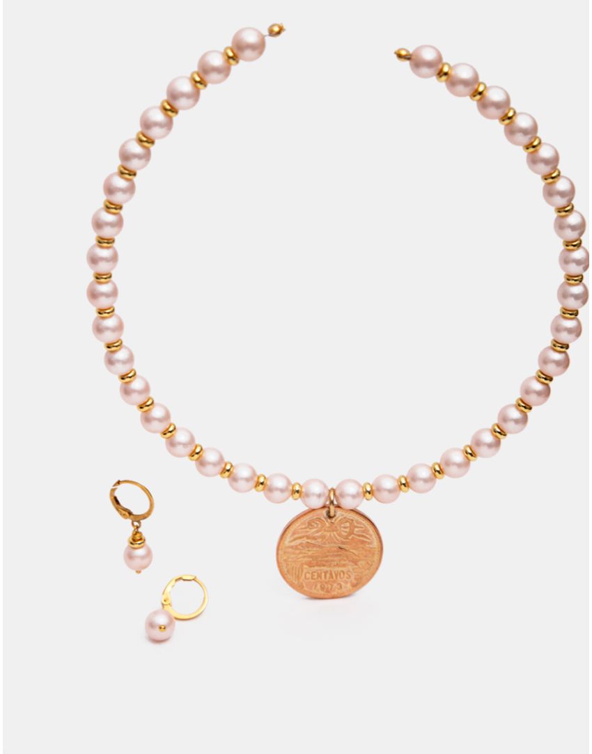 Set de Gargantilla de perlas mabe con moneda y aretes