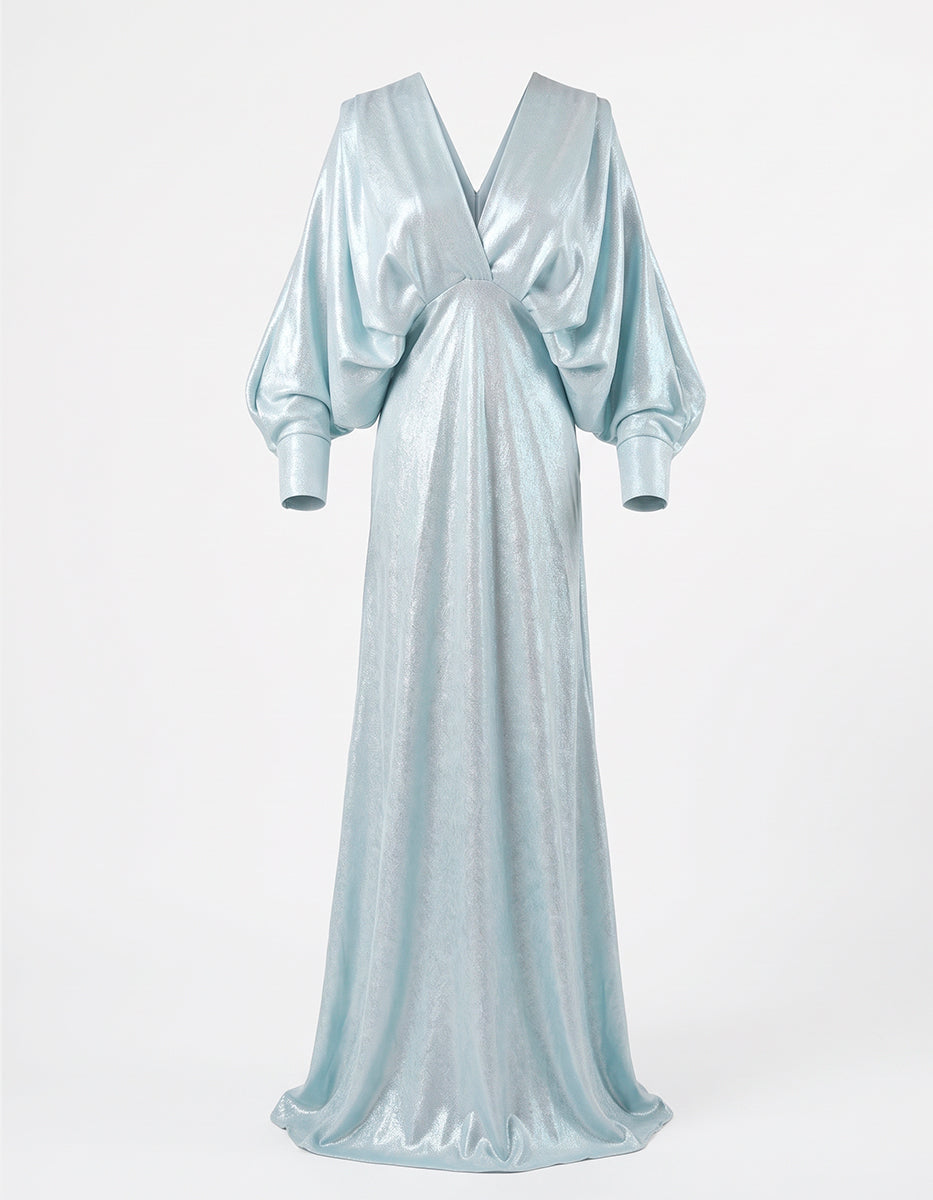 Vestido Largo de Noche Azul Hielo Metalizado con Escote en V y Mangas Dramáticas