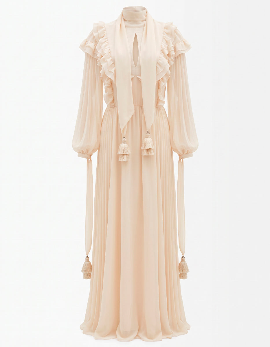 Vestido Largo de Gasa Marfil con Volantes, Lazo al Cuello y Borlas Decorativas