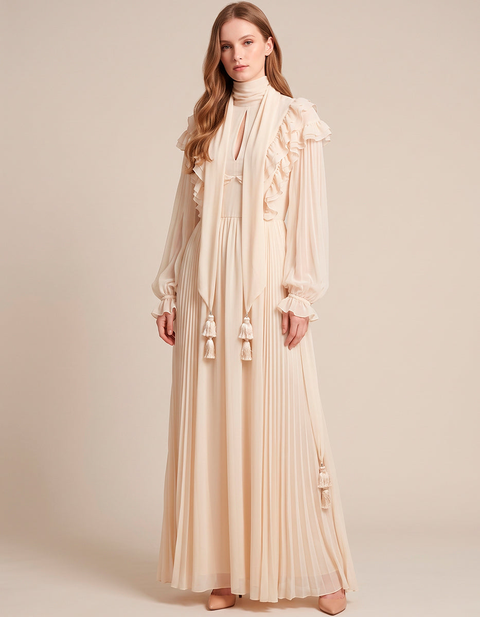 Vestido Largo de Gasa Marfil con Volantes, Lazo al Cuello y Borlas Decorativas