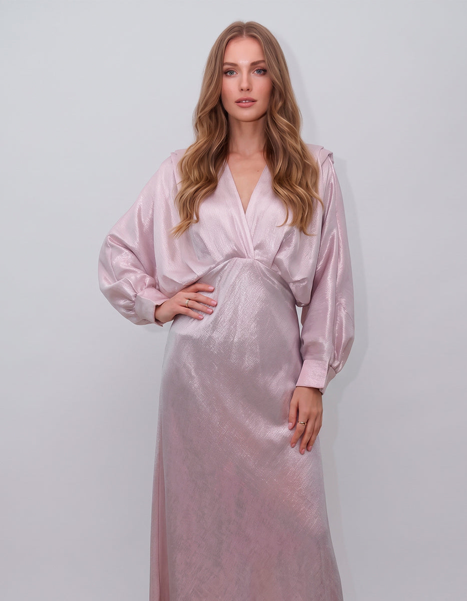 Vestido Largo de Noche Rosa Malva Metalizado con Escote en V y Dramáticas