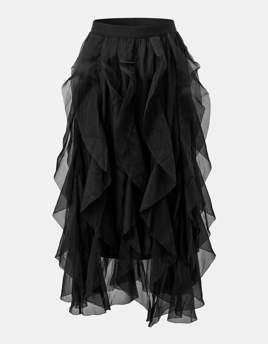 Falda Maxi de Organza Negra con Cascadas de Holanes Verticales