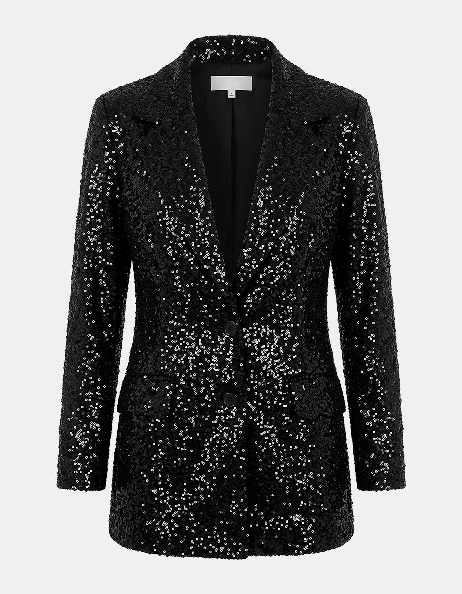 Saco Blazer Tuxedo en Lentejuelas Negro Azabache con Botonadura Frontal