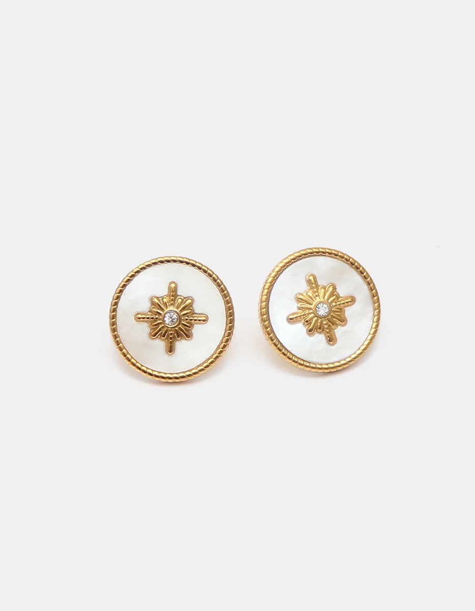 Aretes de Oro laminado de 22kt con circulo de Madre Perla y Cruz Dorada