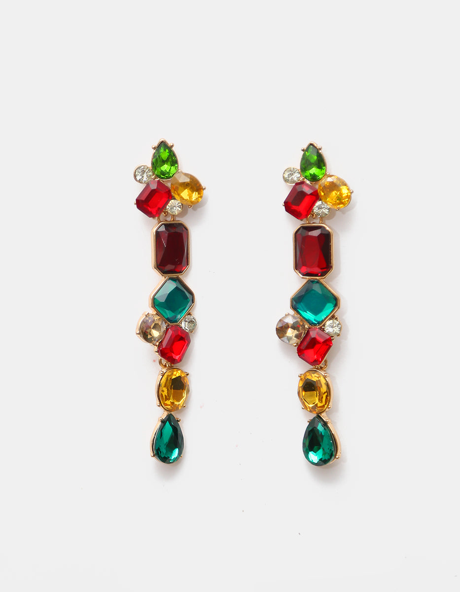 Aretes de Oro Laminado de 22K con Esmeralda de Bombay, Citrino, Rubelita y Topacios Blancos.
