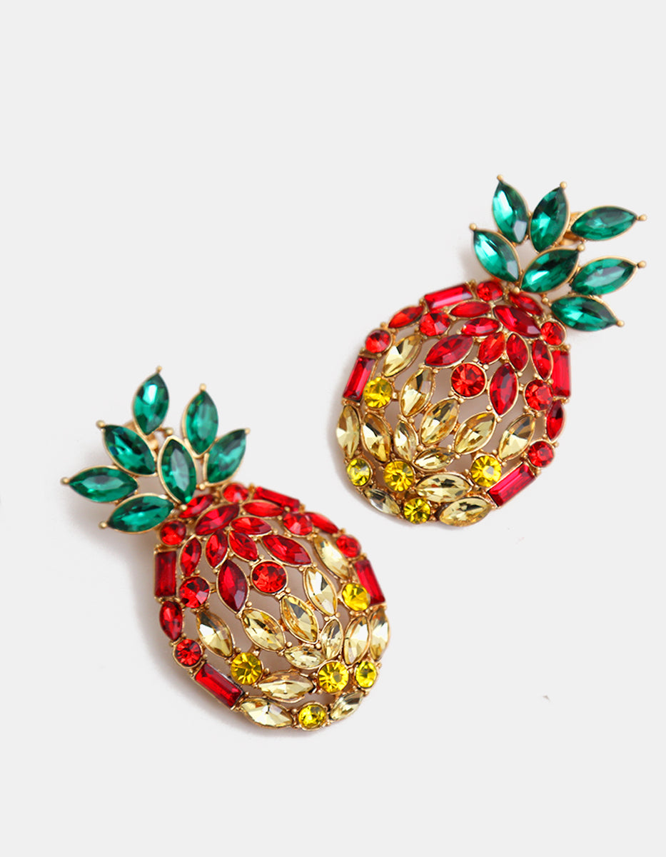 Aretes de piña en oro laminado de 22kt con espinolitas en rojo, amarillo y verde