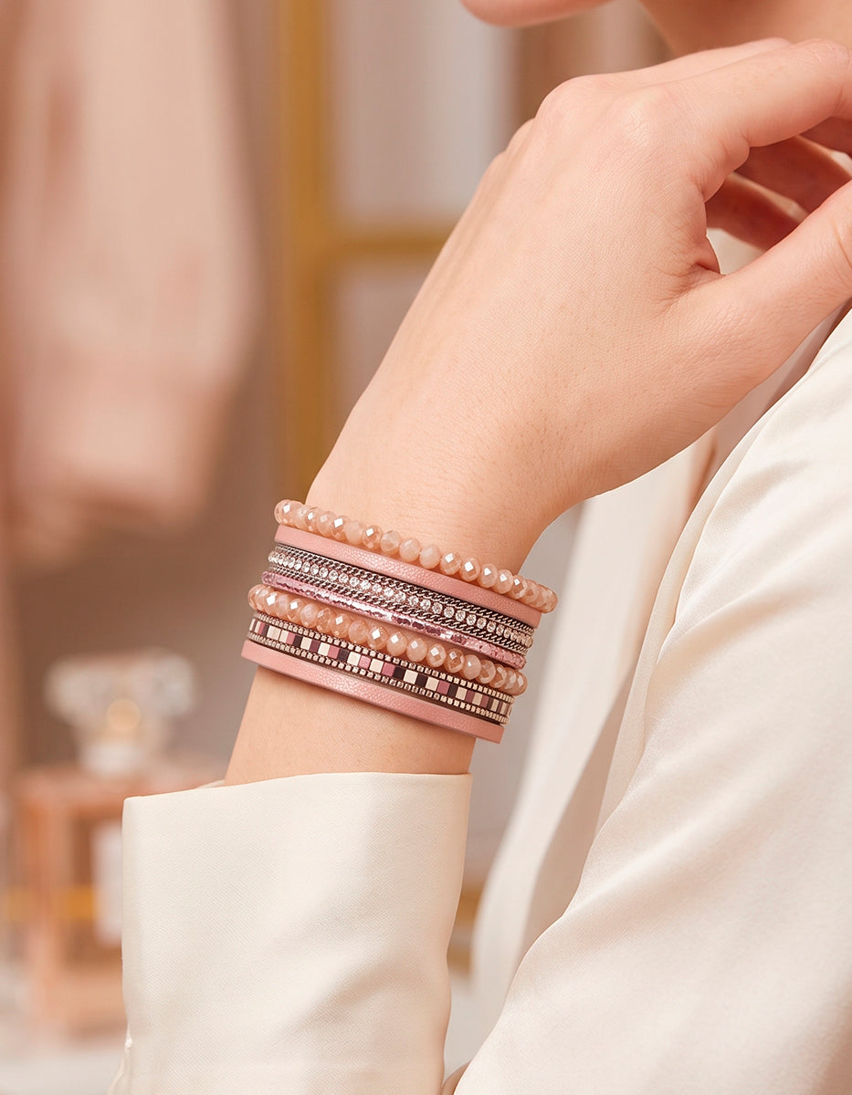 Pulsera de 6 Hilos Rosa Palo con Cristal Austriaco, Patrón Geométrico y Cierre Magnético