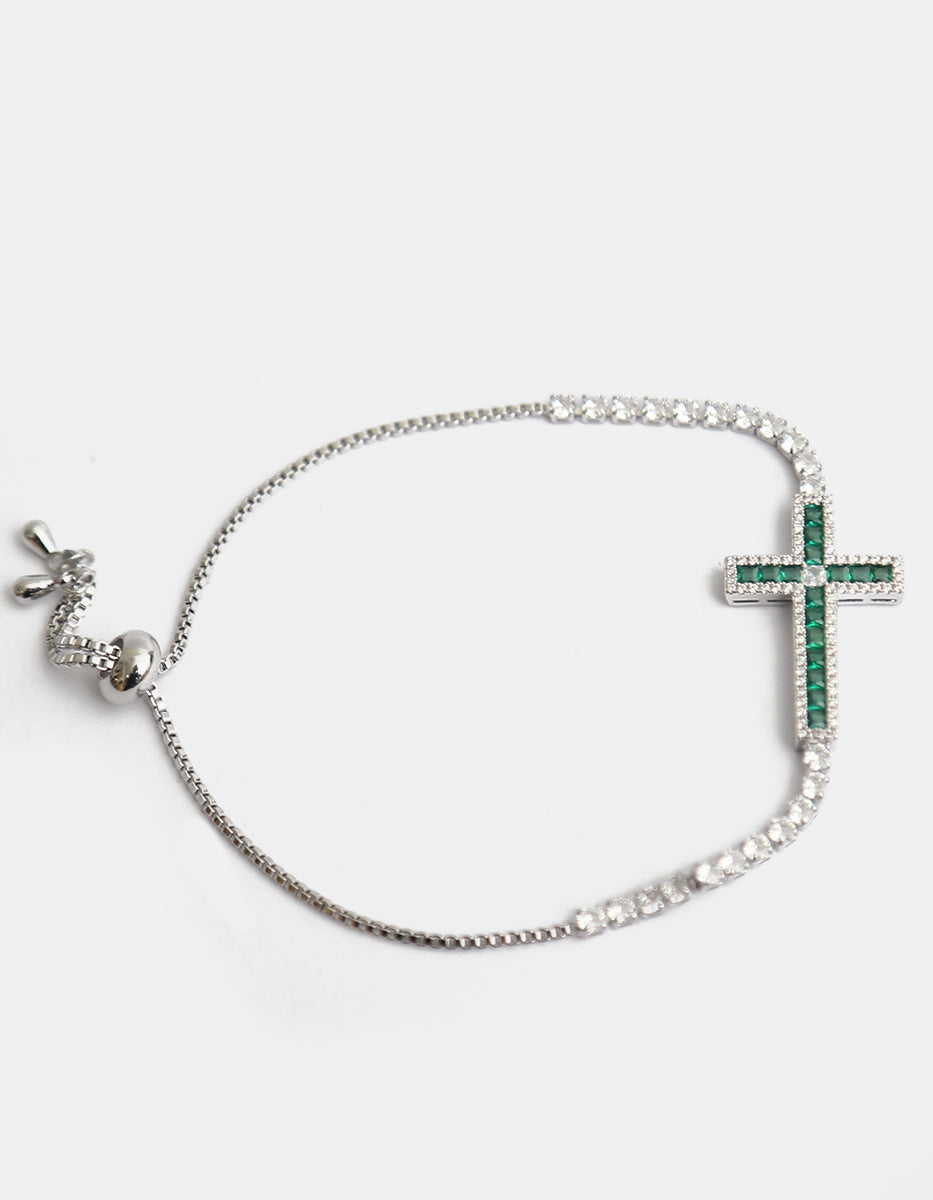 Pulsera ajustable en baño de platino con esmeralda de Bombay en forma de cruz de 2.5 cm Festive Style