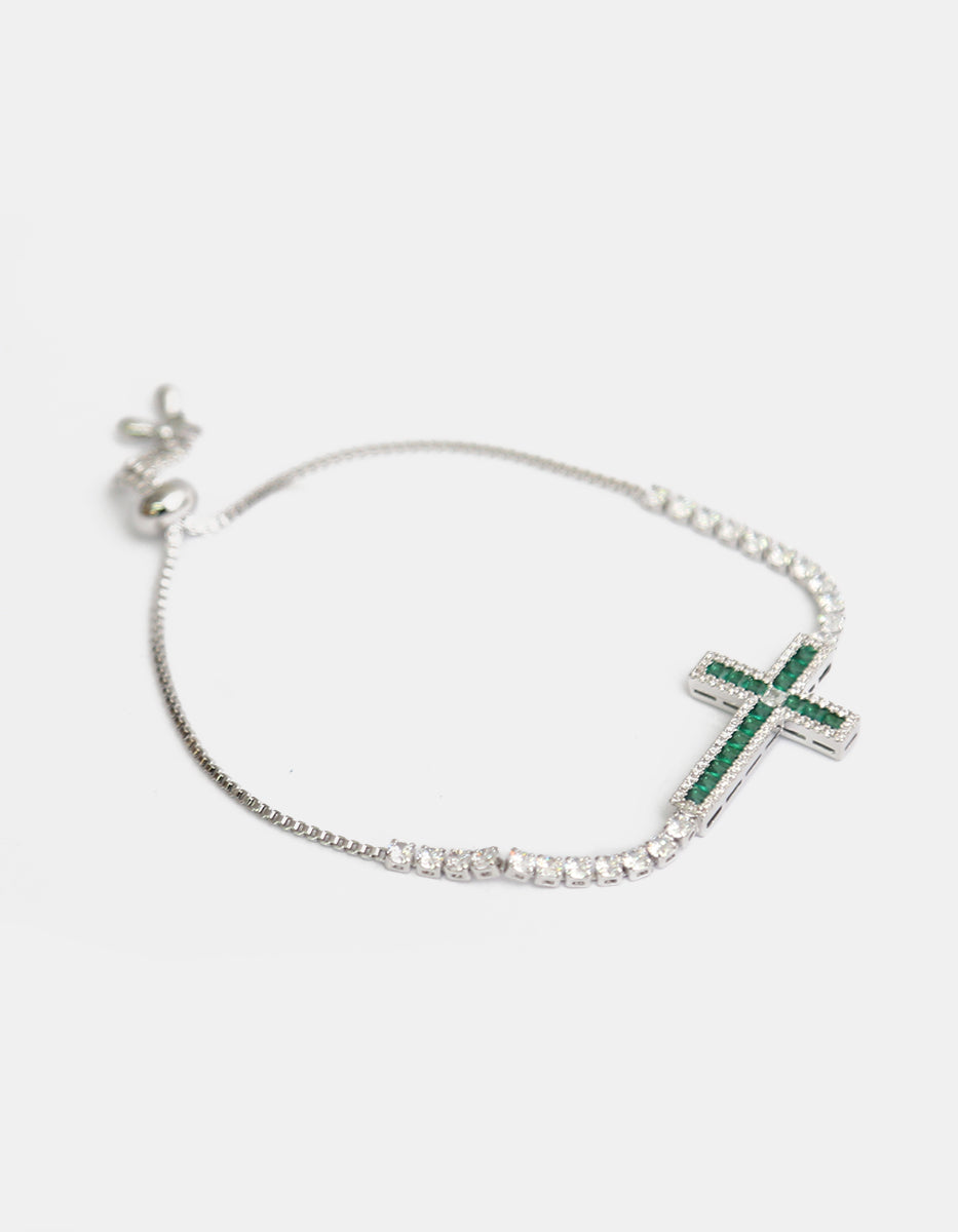 Pulsera ajustable en baño de platino con esmeralda de Bombay en forma de cruz de 2.5 cm Festive Style