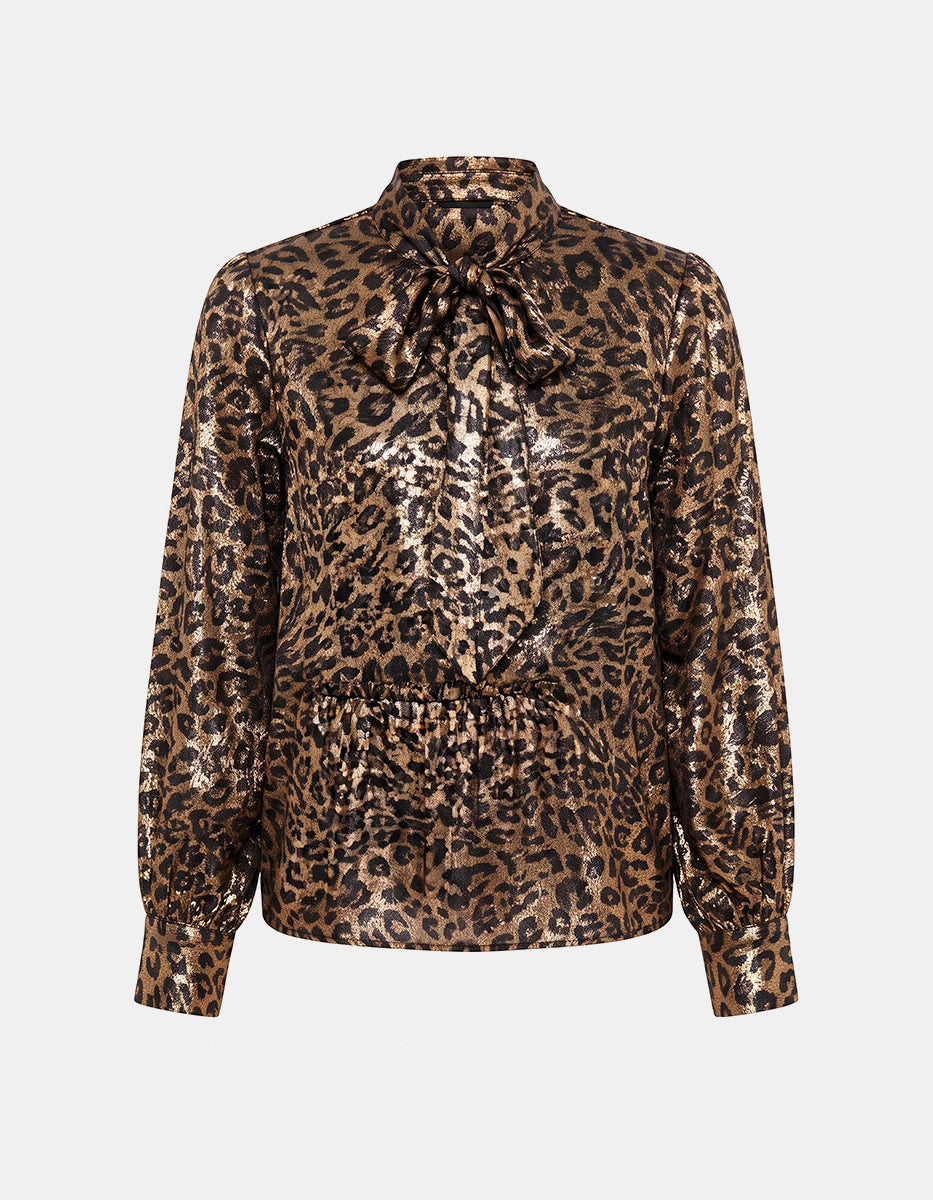Conjunto Satinado de Blusa y Pantalón con Estampado de Leopardo y Lazo al Cuello