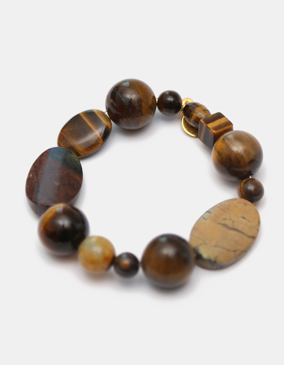 Pulsera de Piedras Naturales Ojo de Tigre y Jaspe en Formas Geométricas Mixtas